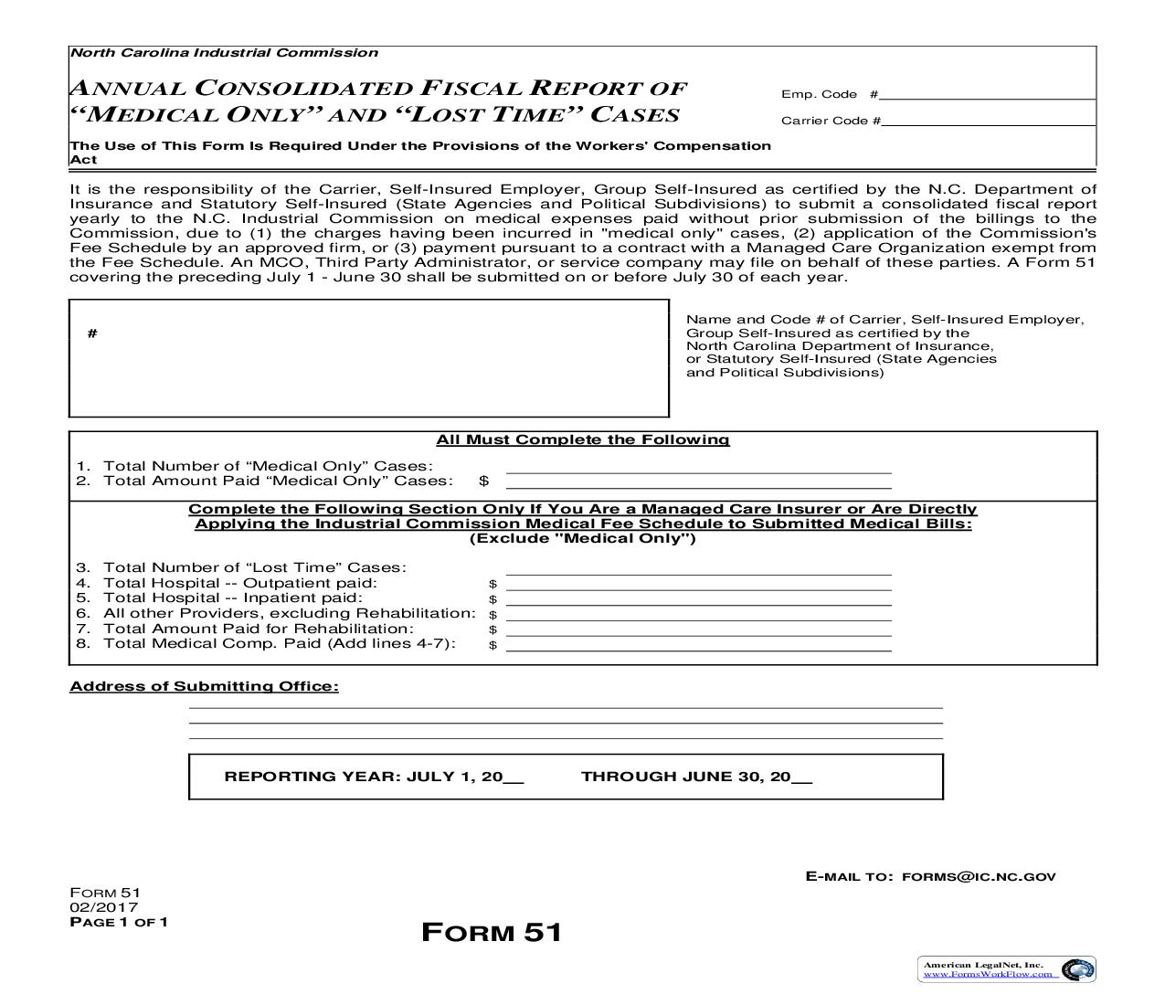 Annual Consolidated Fiscal Report Of Medical Only Or Lost Time Cases {51} | Pdf Fpdf Doc Docx | North Carolina