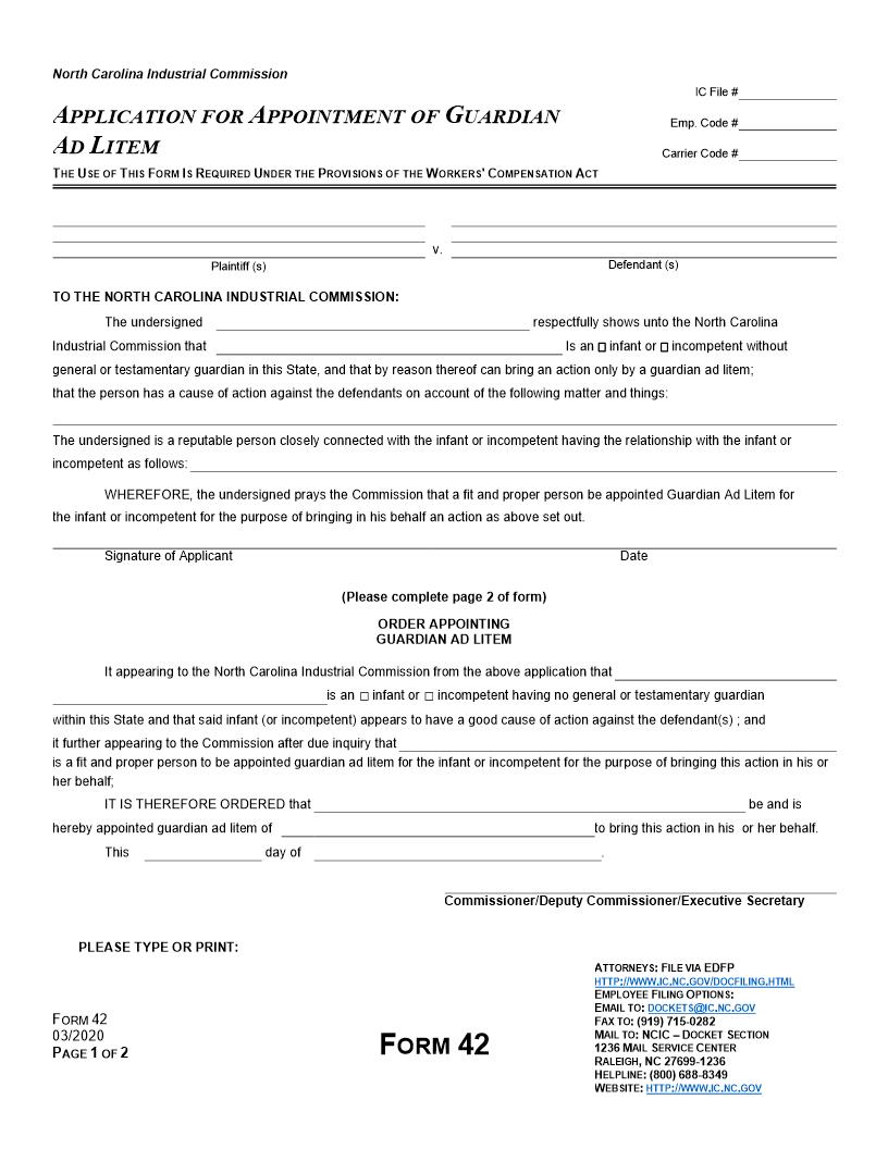 Application For Appointment Of Guardian Ad Litem {42} | Pdf Fpdf Docx | North Carolina