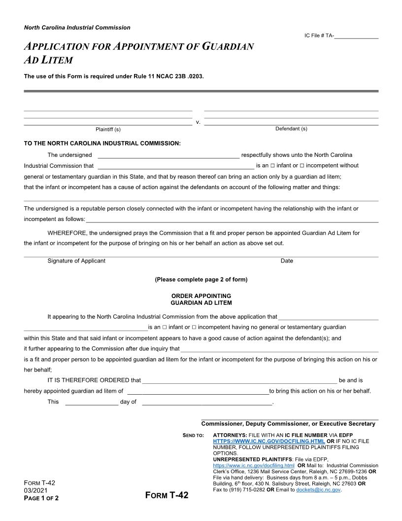 Application For Appointment Of Guardian Ad Litem {T-42} | Pdf Fpdf Docx | North Carolina