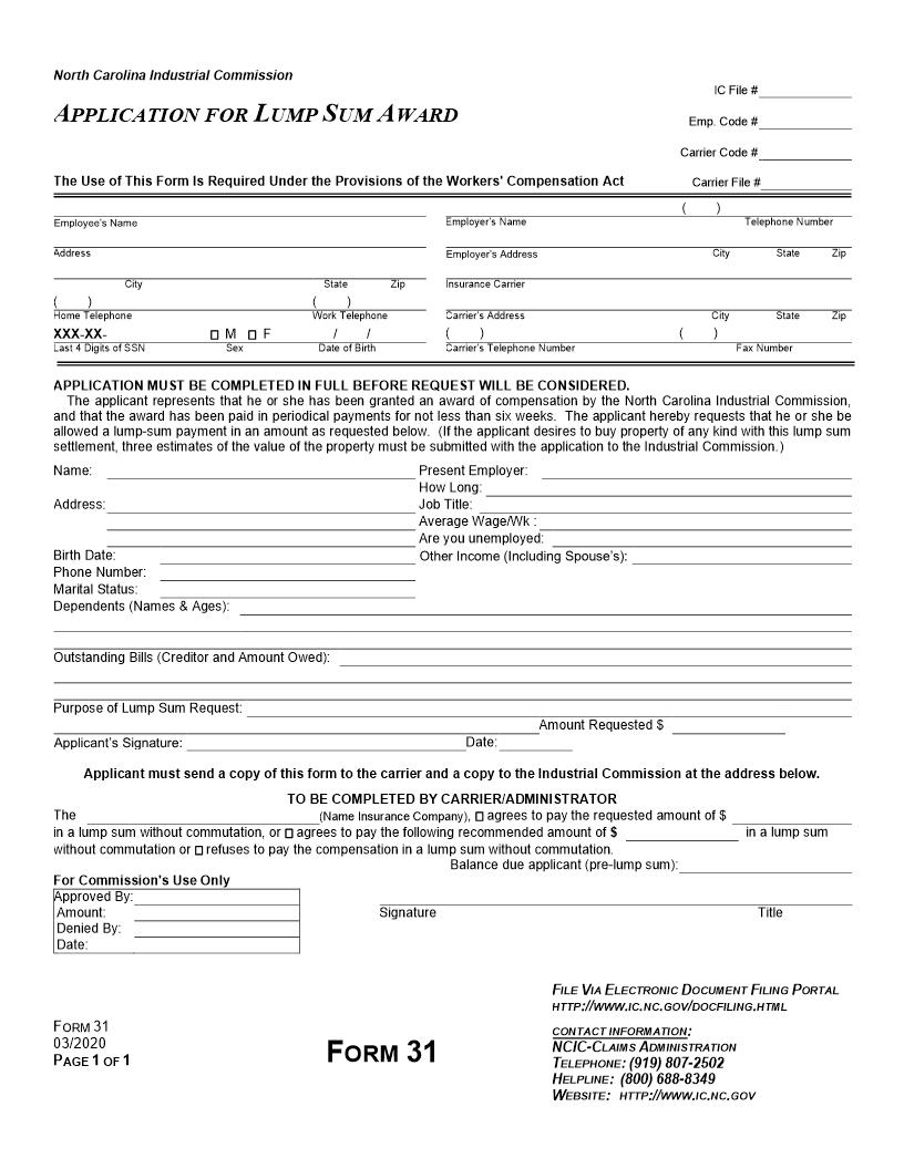 Application For Lump Sum Award {31} | Pdf Fpdf Doc Docx | North Carolina