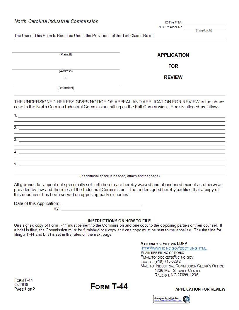 Application For Review Tort Award {T-44} | Pdf Fpdf Docx | North Carolina