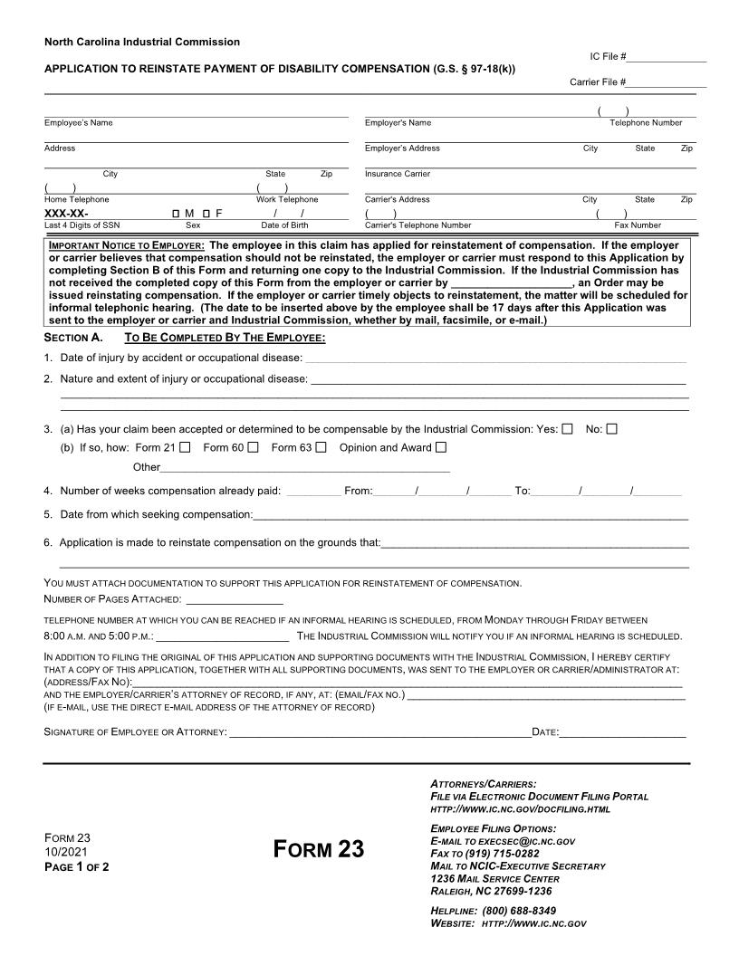 Application To Reinstate Payment Of Disability Compensation {23} | Pdf Fpdf Docx | North Carolina
