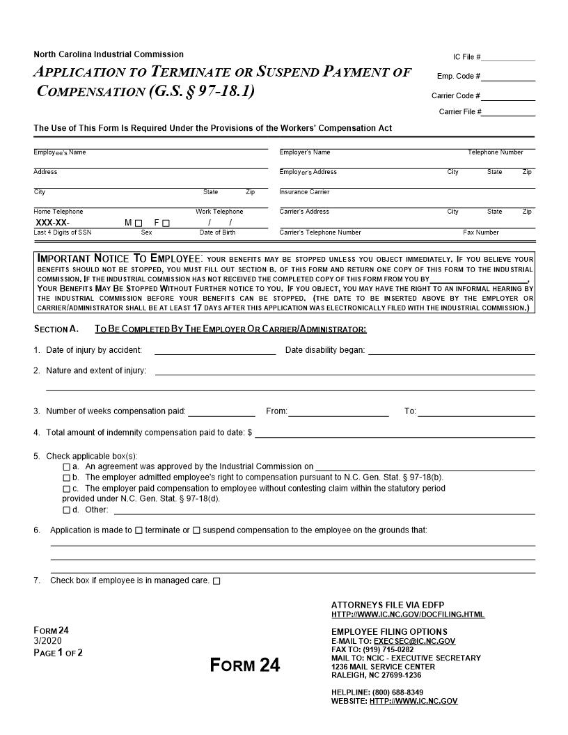 Application To Terminate Or Suspend Payment Of Compensation {24} | Pdf Fpdf Docx | North Carolina
