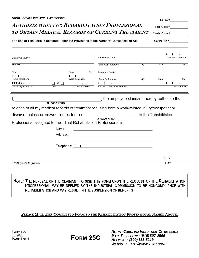 Authorization For Rehabilitation Professional To Obtain Medical Records Of Current Treatment {25C} | Pdf Fpdf Doc Docx | North Carolina