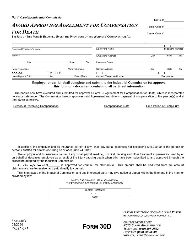 Award Approving Agreement For Compensation For Death {30D} | Pdf Fpdf Doc Docx | North Carolina