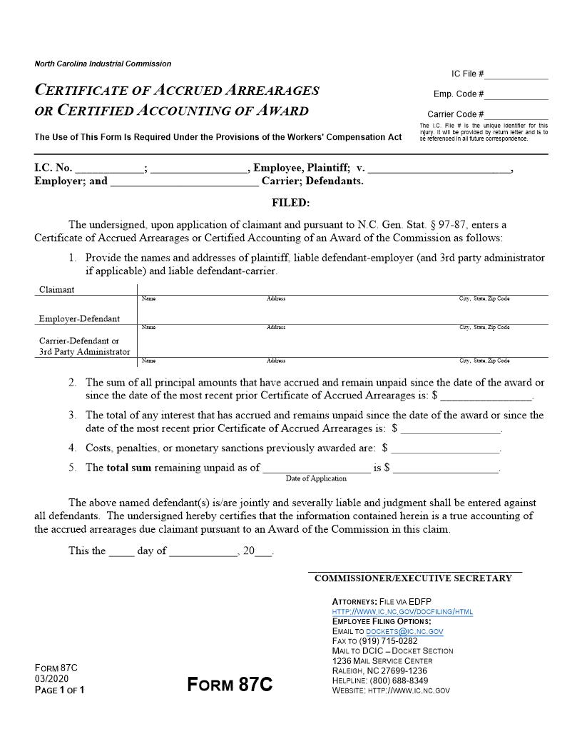 Certificate Of Accrued Arrearages Or Certified Accounting Award {87C} | Pdf Fpdf Docx | North Carolina