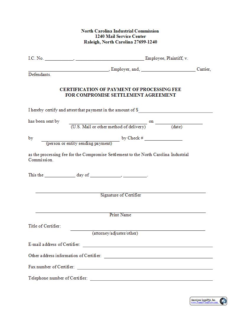 Certification Of Payment Of Processing Fee For Compromise Settlement Agreements | Pdf Fpdf Docx | North Carolina