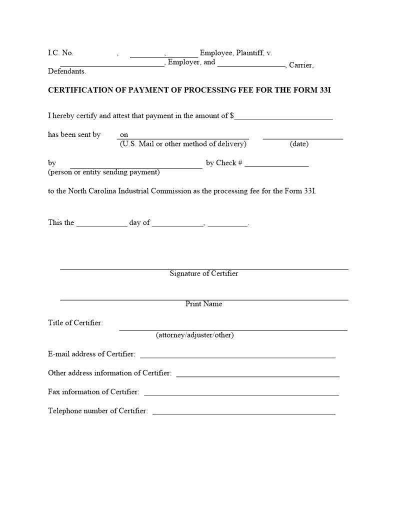 Certification Of Payment Of Processing Fee For The Form 33I | Pdf Fpdf Docx | North Carolina