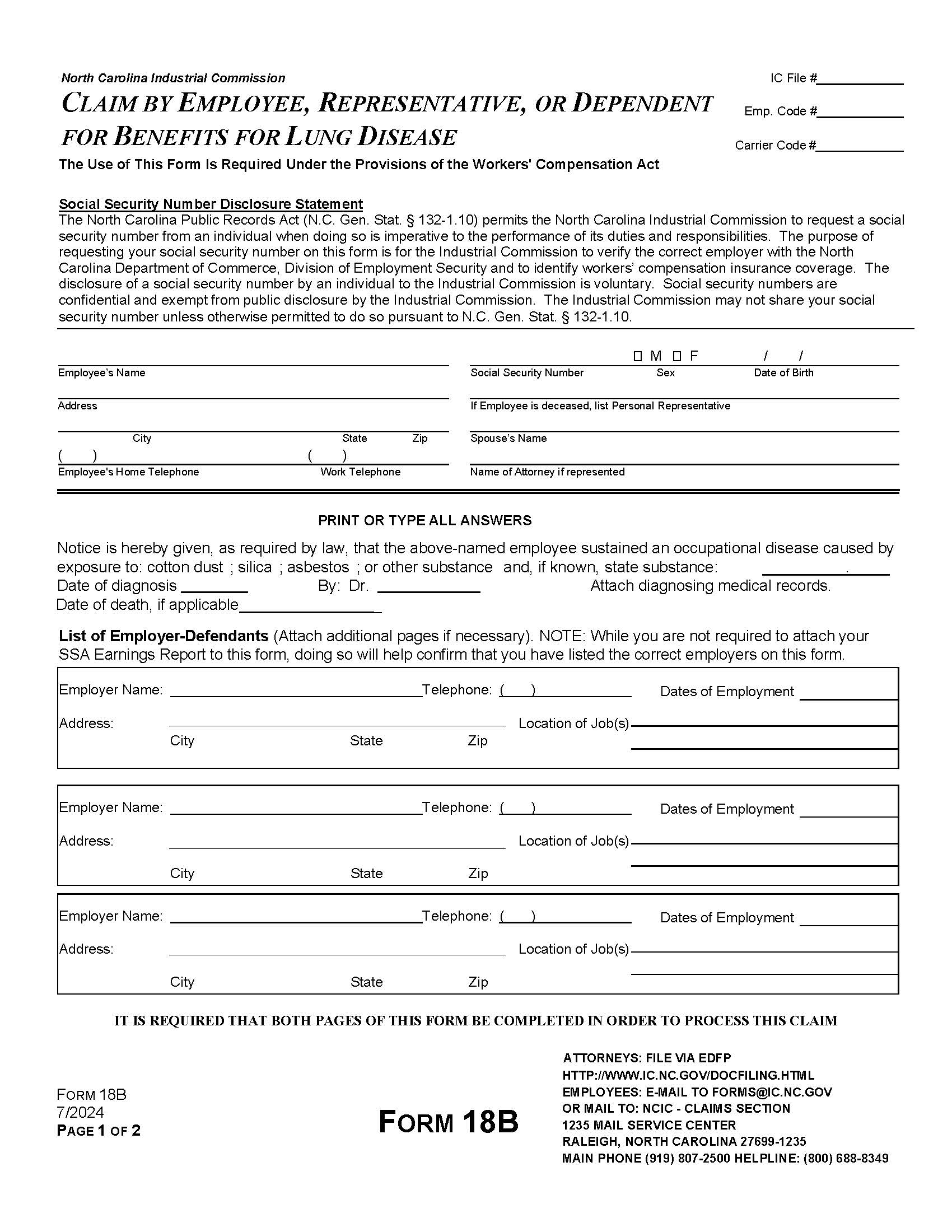Claim By Employee Representative Or Dependent For Benefits For Lung Disease {18B} | Pdf Fpdf Docx | North Carolina