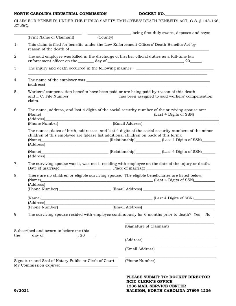 Claim For Benefits Under The Public Safety Employees Death Benefits Act | Pdf Fpdf Docx | North Carolina