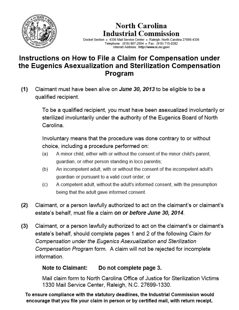 Claim For Compensation Eugenics Asexualization And Sterilization Program | Pdf Fpdf Docx | North Carolina
