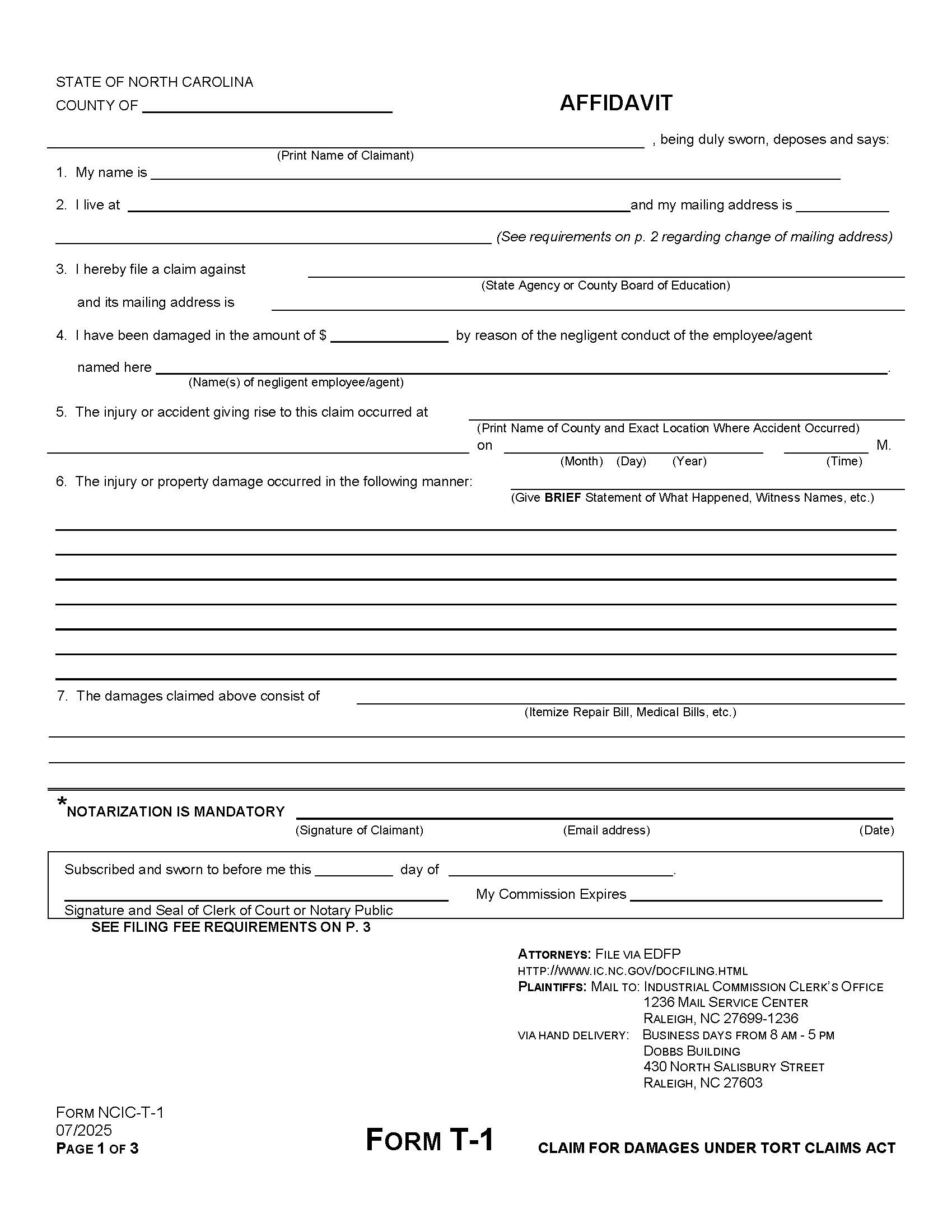 Claim For Damages Under Tort Claims Act {T-1} | Pdf Fpdf Docx | North Carolina