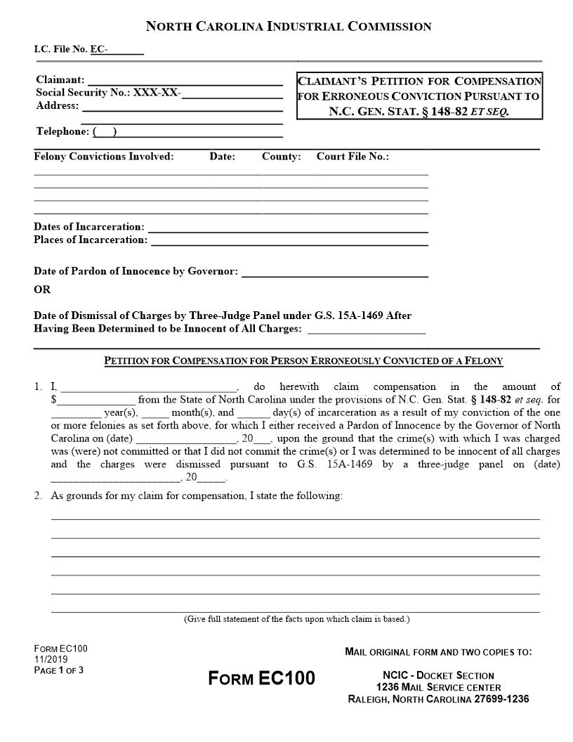 Claimants Petition For Compensation Erroneous Conviction {EC100} | Pdf Fpdf Doc Docx | North Carolina