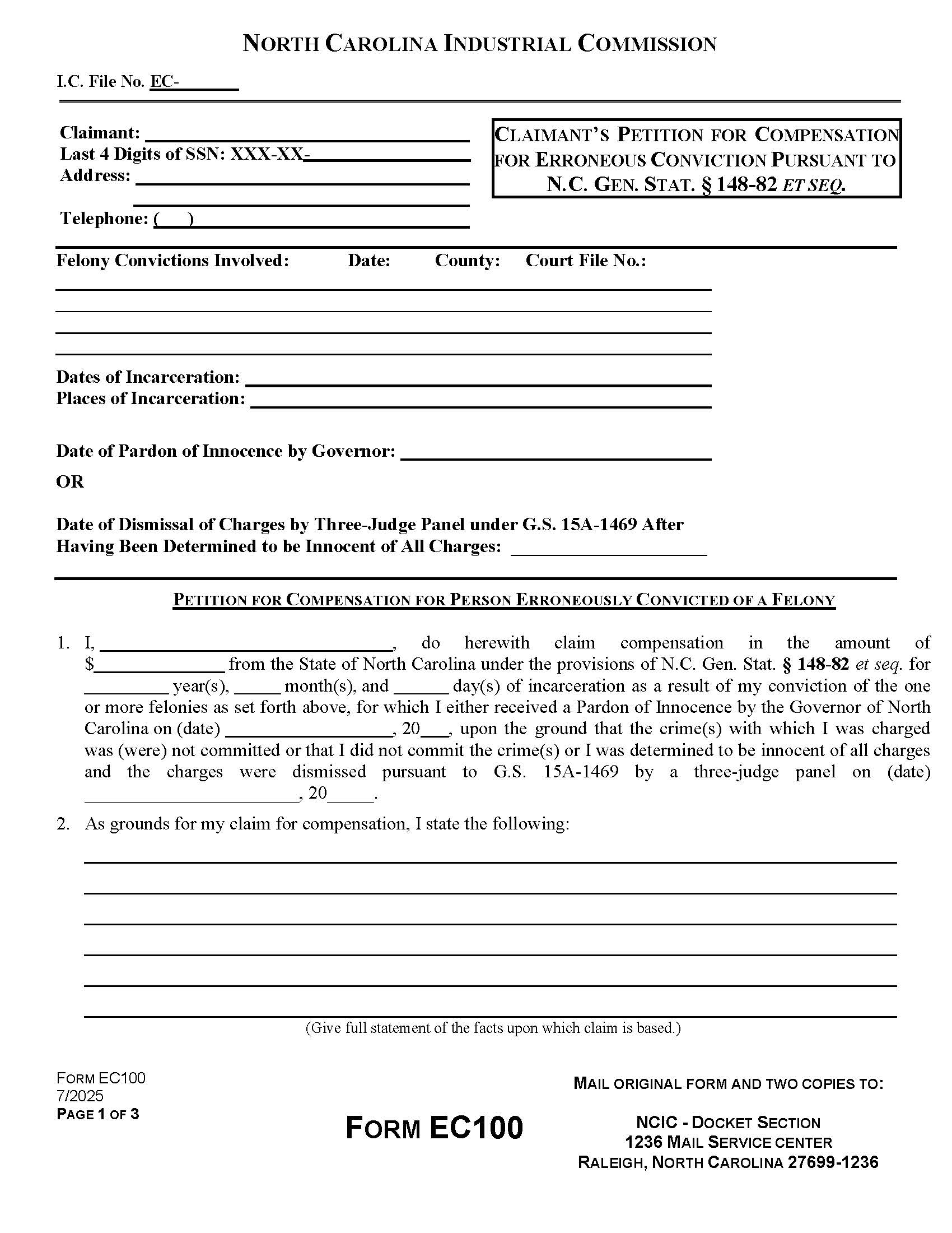 Claimants Petition For Compensation Erroneous Conviction {EC100} | Pdf Fpdf Doc Docx | North Carolina