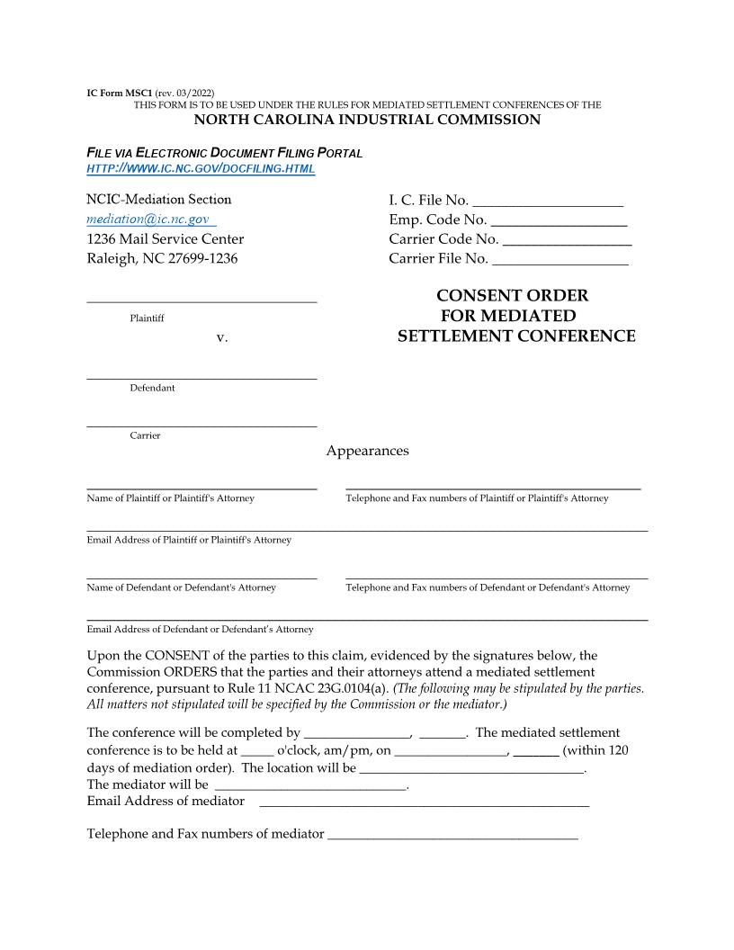 Consent Order For Mediated Settlement Conference {MSC1} | Pdf Fpdf Docx | North Carolina
