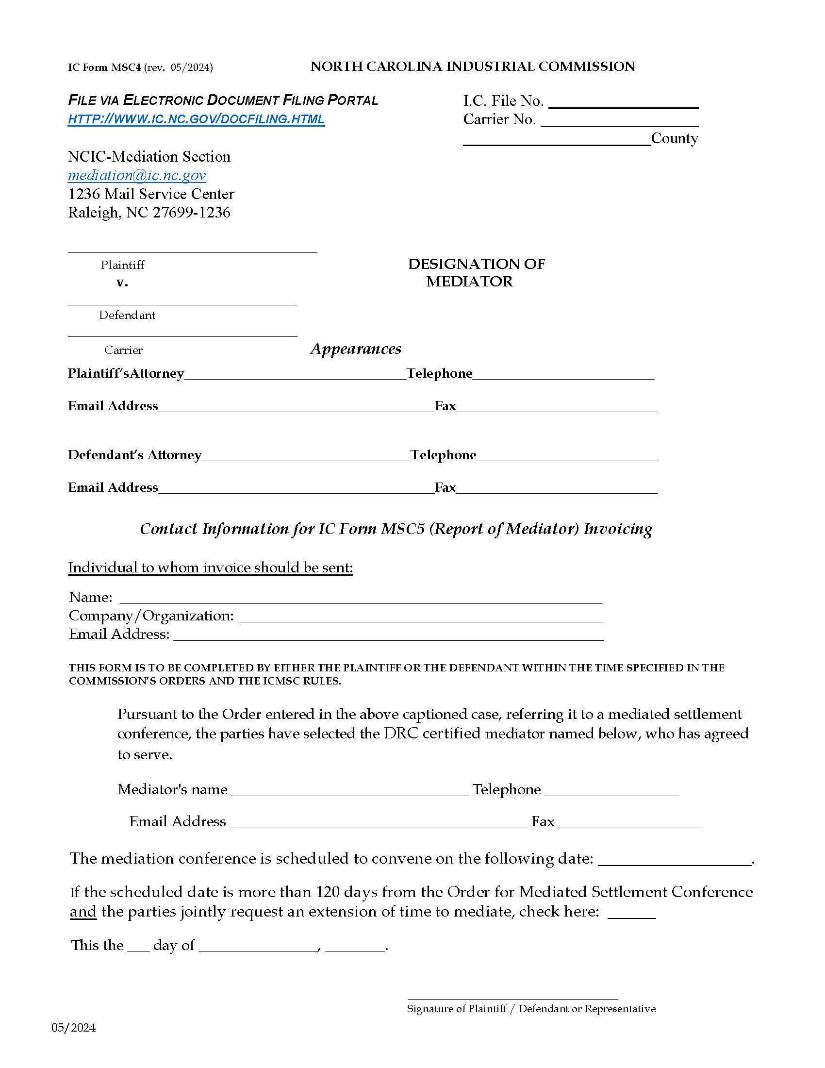 Designation Of Mediator {MSC4} | Pdf Fpdf Docx | North Carolina