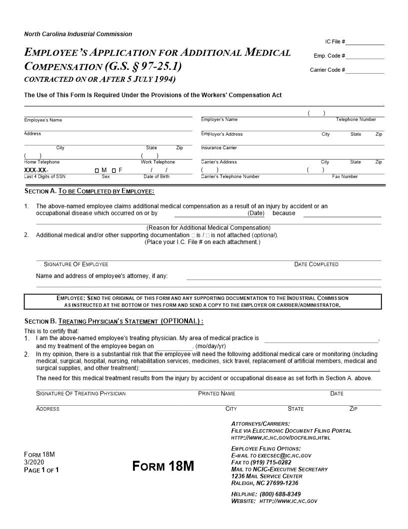 Employees Application For Additional Medical Compensation {18M} | Pdf Fpdf Docx | North Carolina
