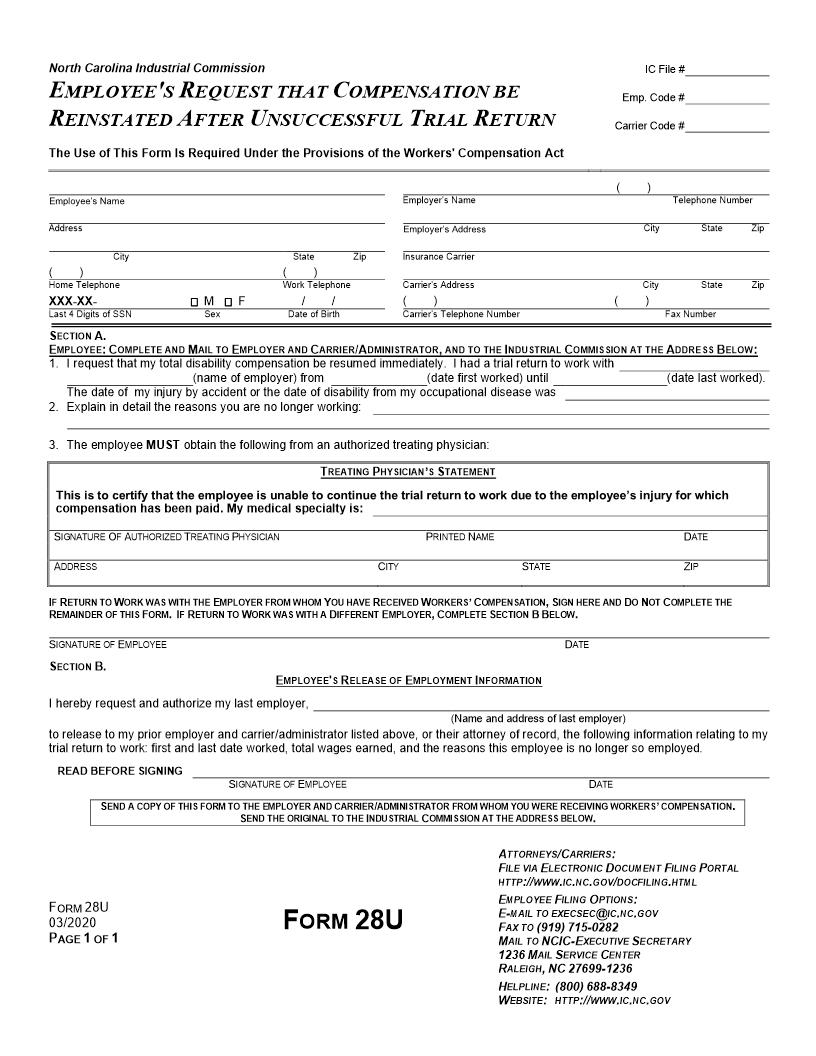 Employees Request That Compensation Be Reinstated After Unsuccessful Trial Return To Work {28U} | Pdf Fpdf Docx | North Carolina