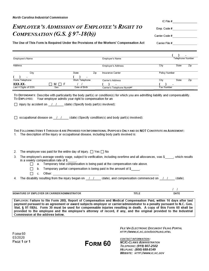 Employers Admission Of Employees Right To Compensation {60} | Pdf Fpdf Doc Docx | North Carolina
