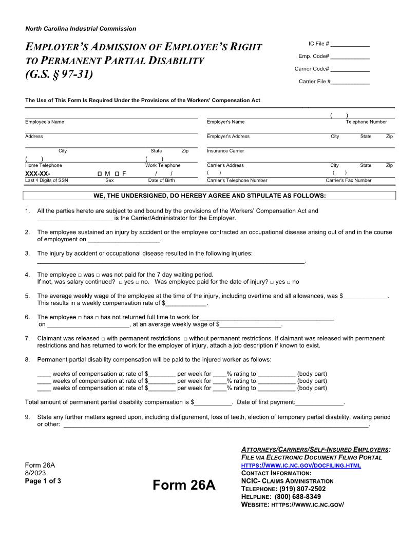 Employers Admission Of Employees Right To Permanent Partial Disability {26A} | Pdf Fpdf Docx | North Carolina