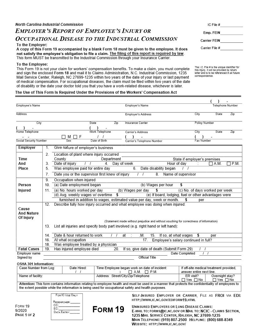 Employers Report Of Employees Injury Or Occupational Disease To The Industrial Commission {19} | Pdf Fpdf Docx | North Carolina