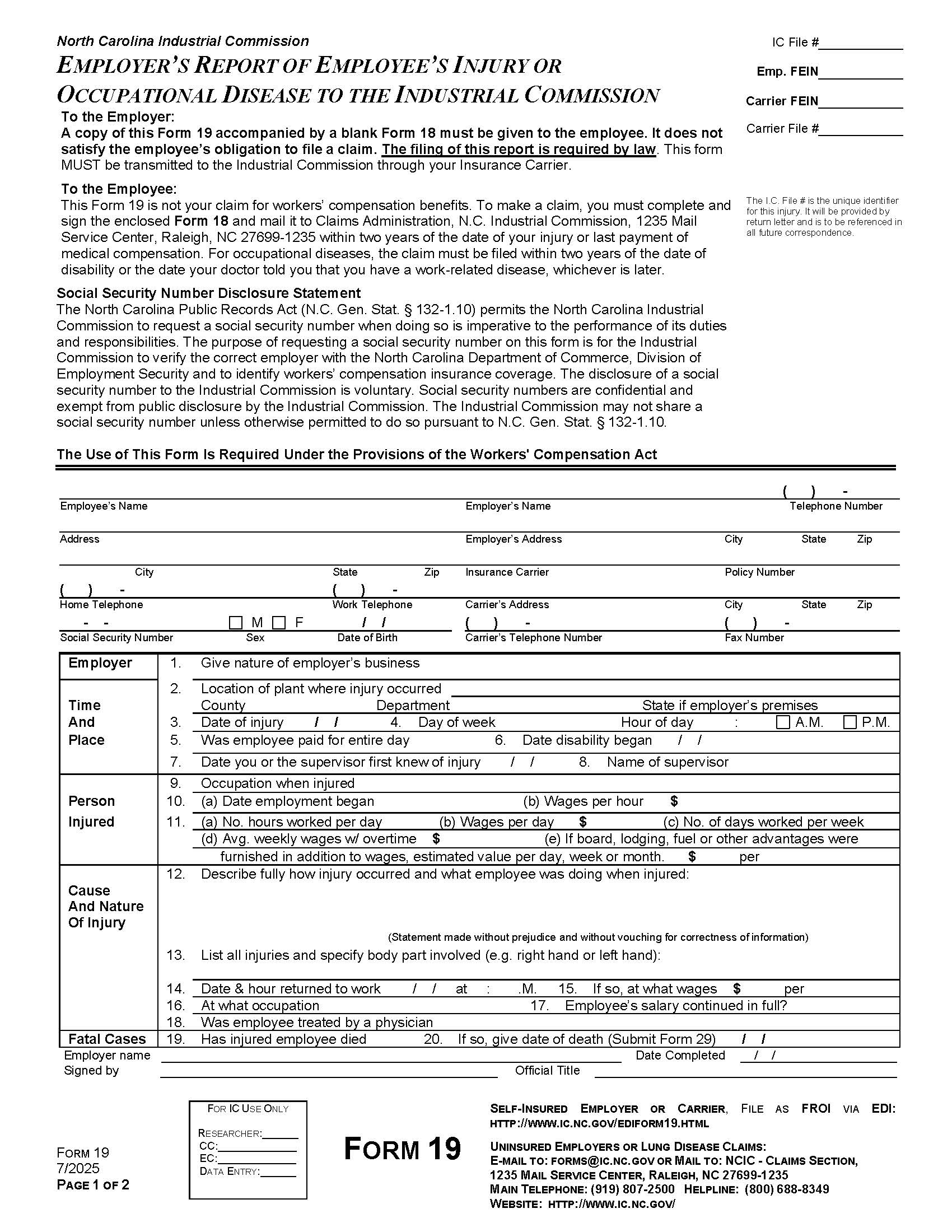 Employers Report Of Employees Injury Or Occupational Disease To The Industrial Commission {19} | Pdf Fpdf Docx | North Carolina