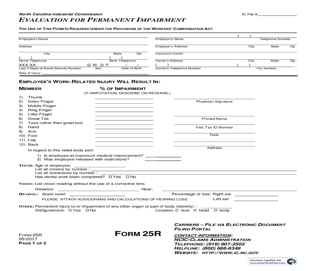 Evaluation For Permanent Impairment {25R} | Pdf Fpdf Doc Docx | North Carolina
