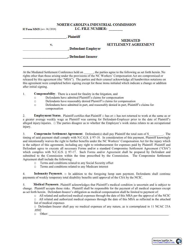 Mediated Settlement Agreement {MSC8} | Pdf Fpdf Docx | North Carolina
