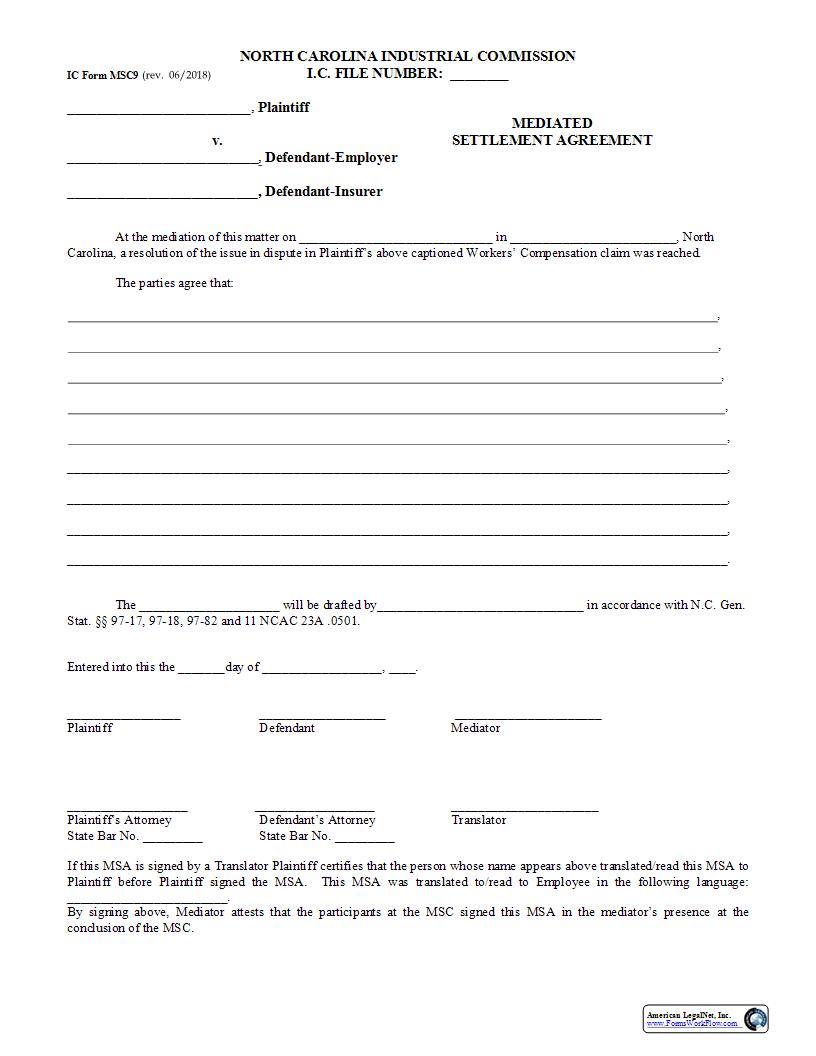 Mediated Settlement Agreement (Alternative Version) {MSC9} | Pdf Fpdf Docx | North Carolina