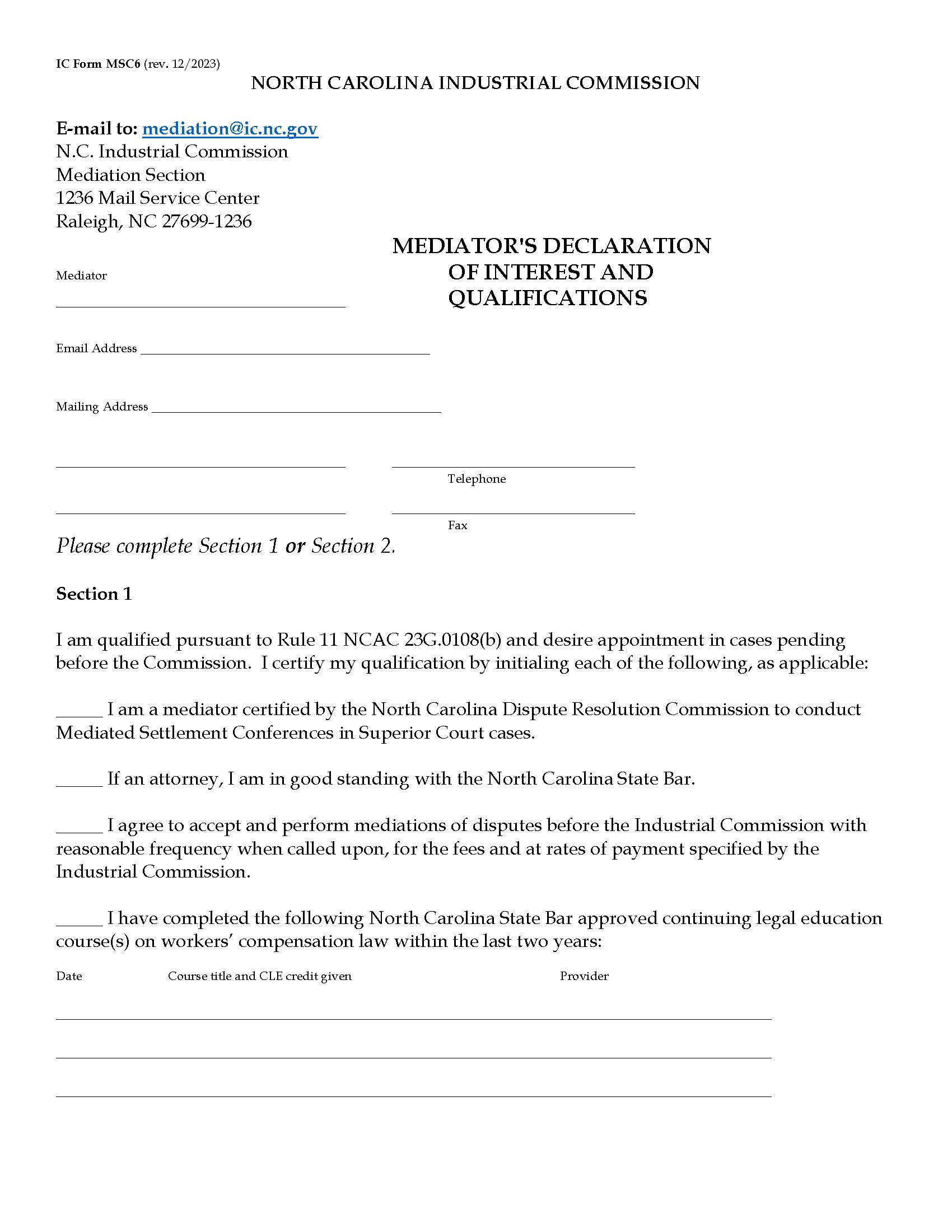 Mediators Declaration Of Interest And Qualifications {MSC6} | Pdf Fpdf Docx | North Carolina