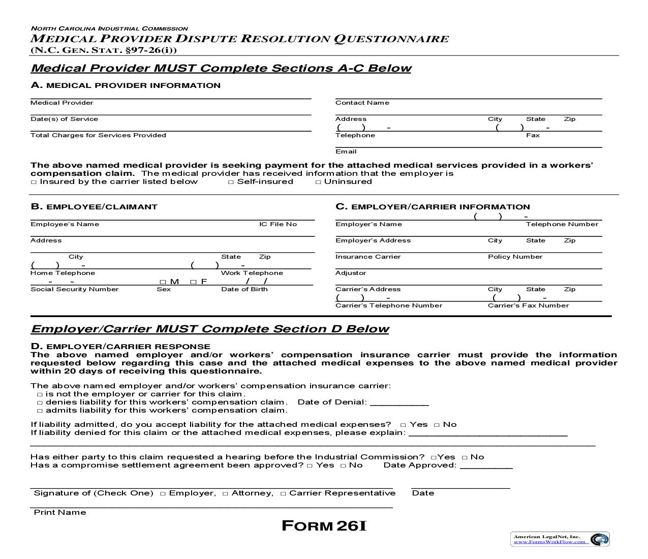 Medical Provider Dispute Resolution Questionnaire {26I} | Pdf Fpdf Doc Docx | North Carolina