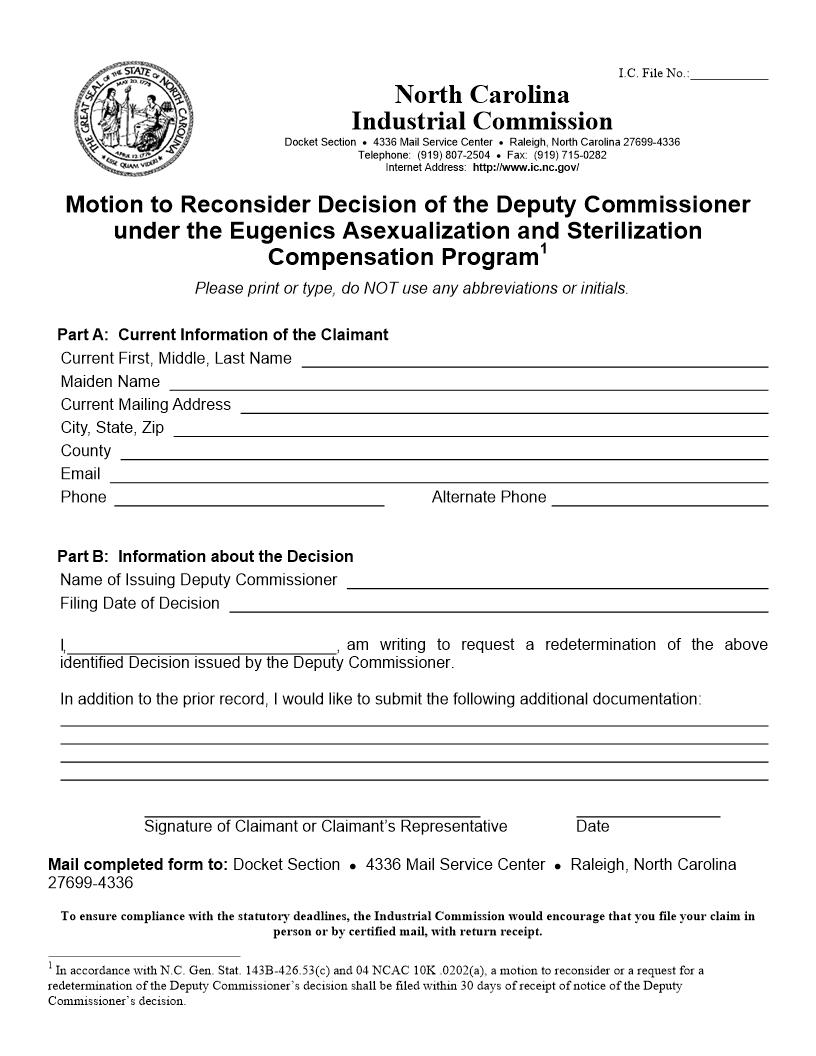Motion To Reconsider Decision Of Deputy Commissioner Eugenics Asexualization And Sterilization Program | Pdf Fpdf Docx | North Carolina
