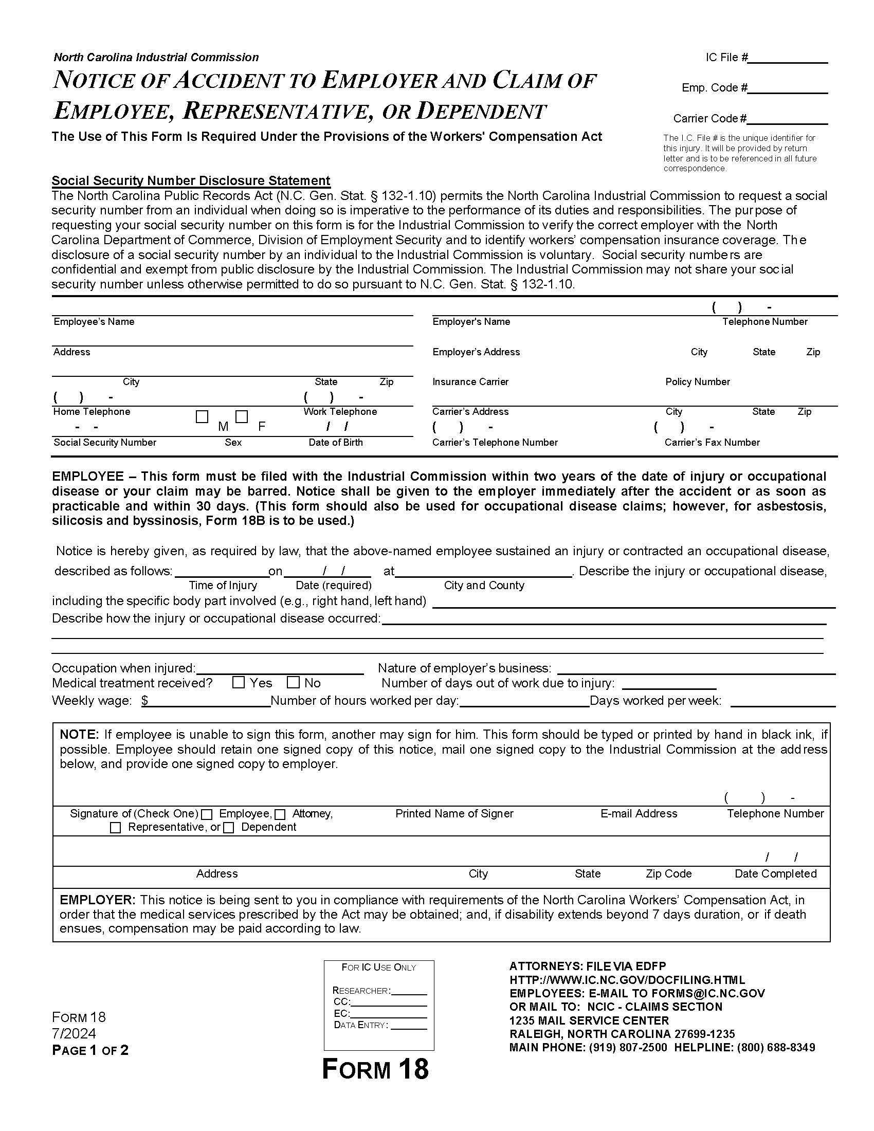 Notice Of Accident To Employer And Claim Of Employee Representative Or Dependent {18} | Pdf Fpdf Docx | North Carolina