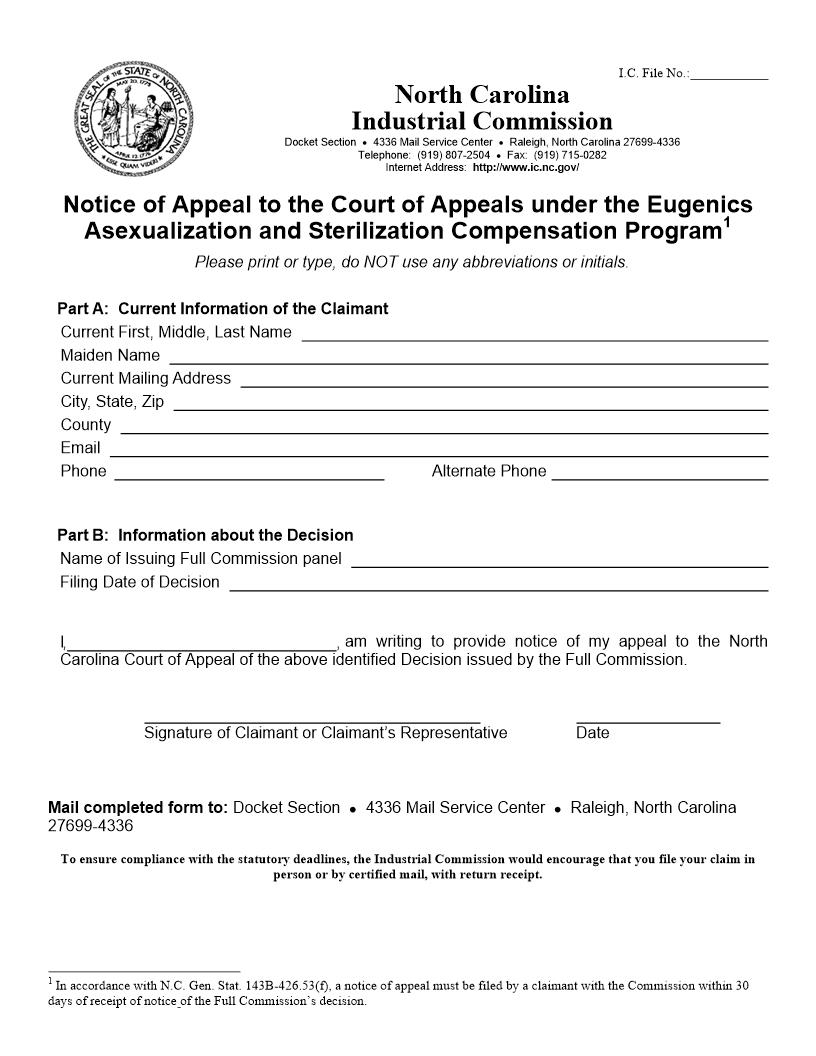 Notice Of Appeal To Court Of Appeals Eugenics Asexualization And Sterilization Program | Pdf Fpdf Docx | North Carolina