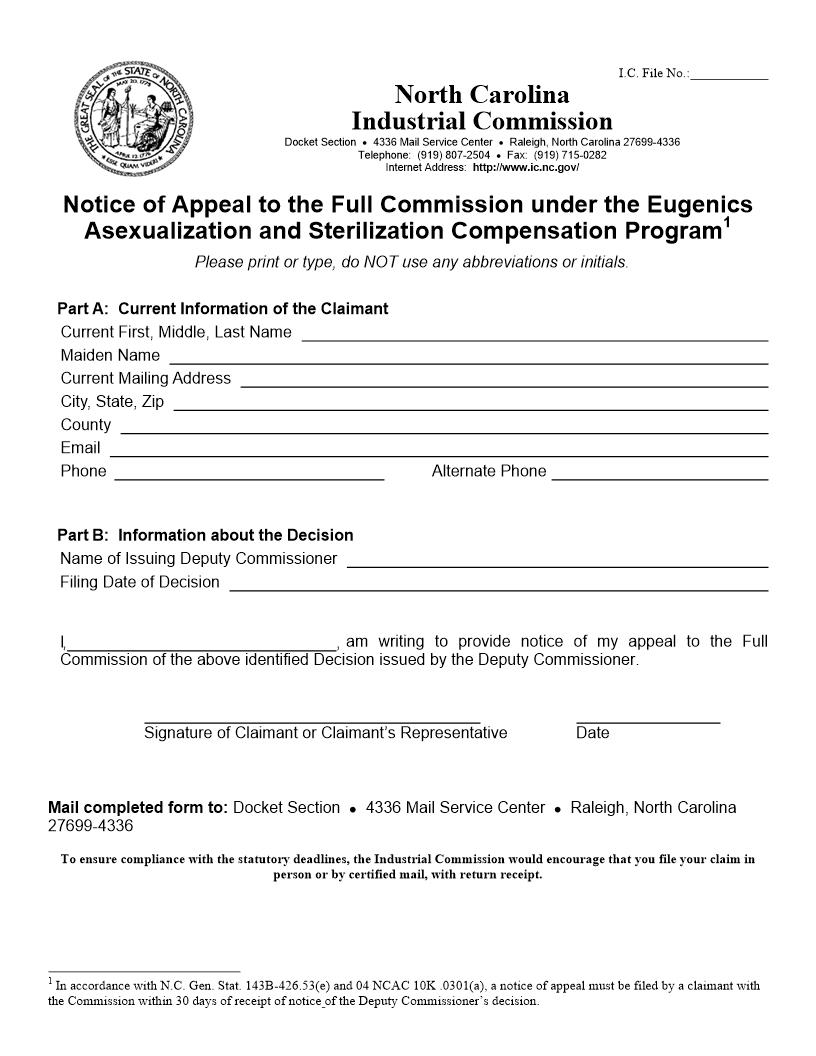 Notice Of Appeal To Full Commission Eugenics Asexualization And Sterilization Program | Pdf Fpdf Docx | North Carolina