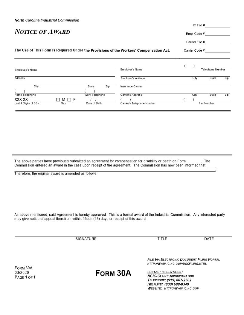 Notice Of Award {30A} | Pdf Fpdf Doc Docx | North Carolina
