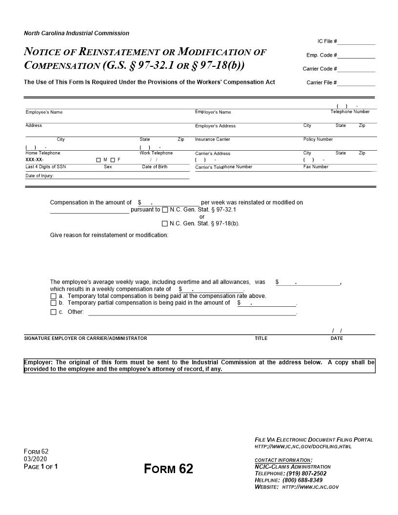 Notice Of Reinstatement Or Modification Of Compensation {62} | Pdf Fpdf Doc Docx | North Carolina
