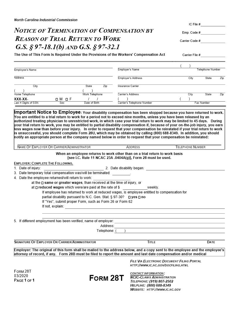 Notice Of Termination Of Compensation By Reason Of Trial Return To Work {28T} | Pdf Fpdf Docx | North Carolina