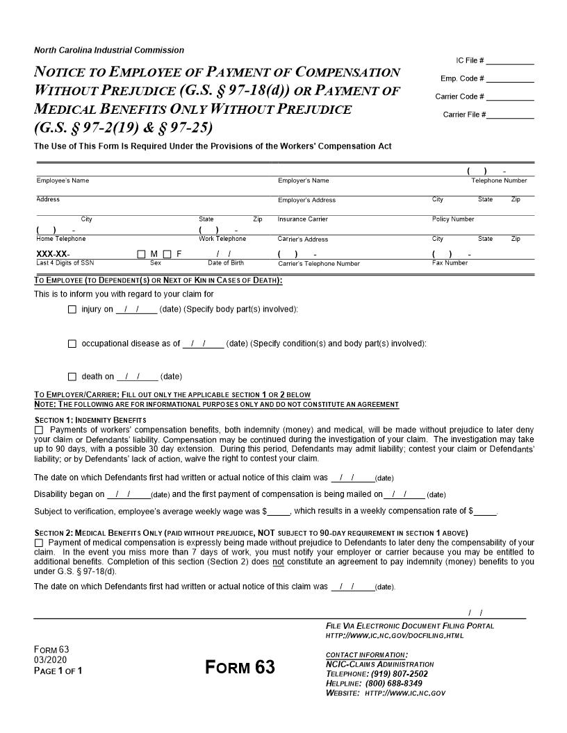 Notice To Employee Of Payment Of Compensation Without Prejudice {63} | Pdf Fpdf Doc Docx | North Carolina
