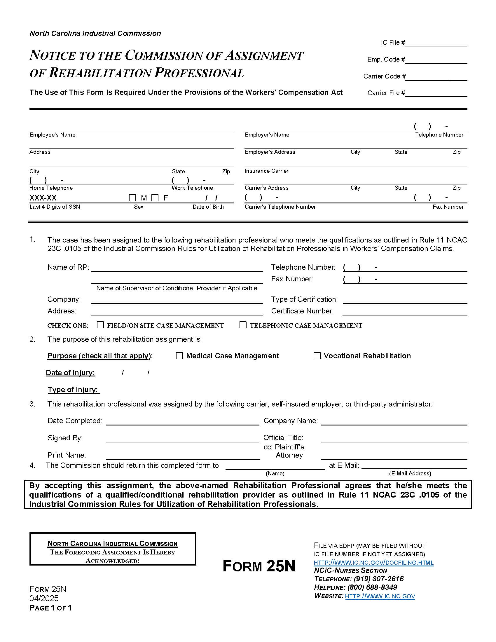 Notice To The Commission Of Assignment Of Rehabilitation Professional {25N} | Pdf Fpdf Docx | North Carolina