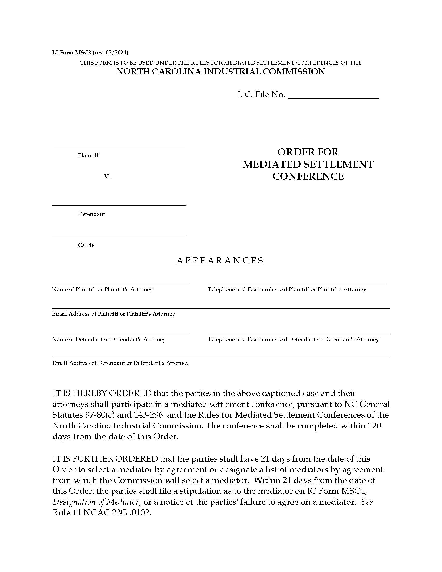 Order For Mediated Settlement Conference {MSC3} | Pdf Fpdf Docx | North Carolina