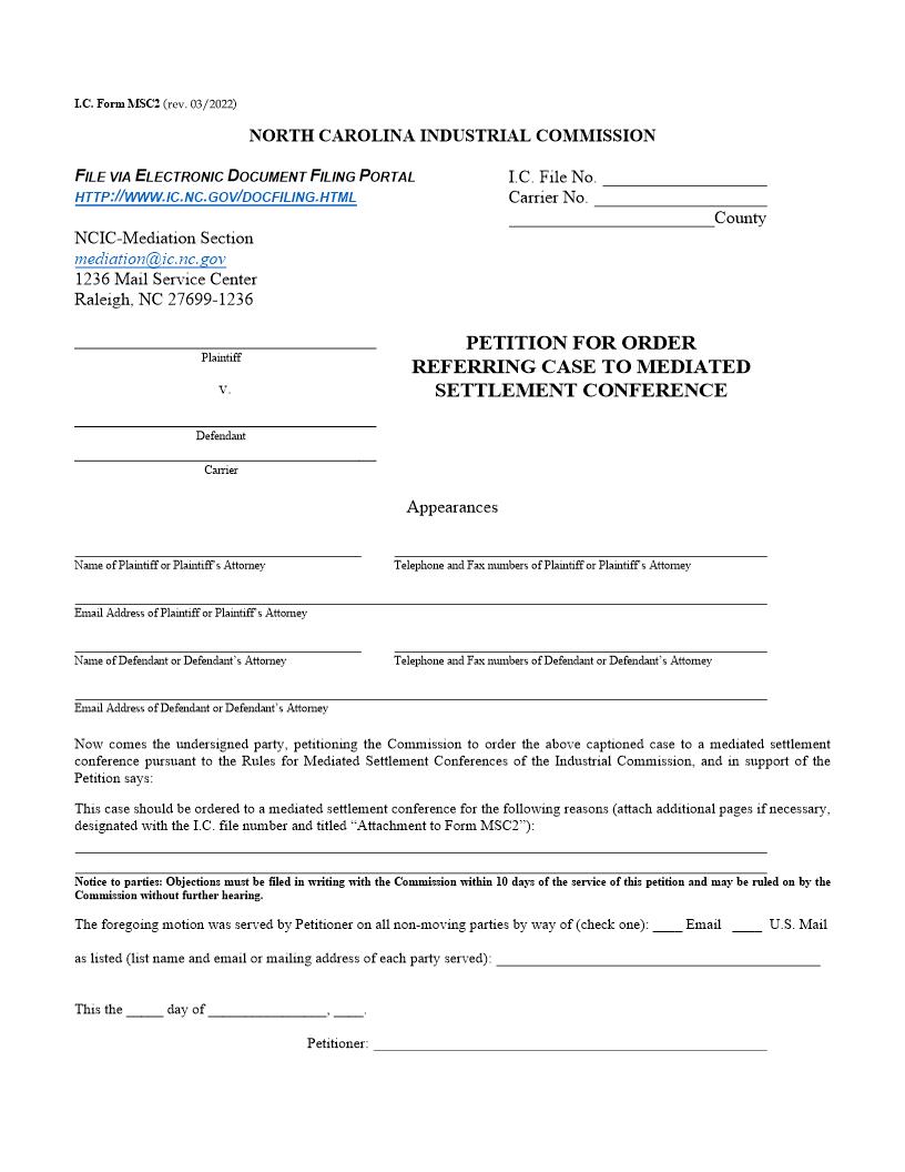 Petition For Order Referring Case To Mediated Settlement Conference {MSC2} | Pdf Fpdf Docx | North Carolina