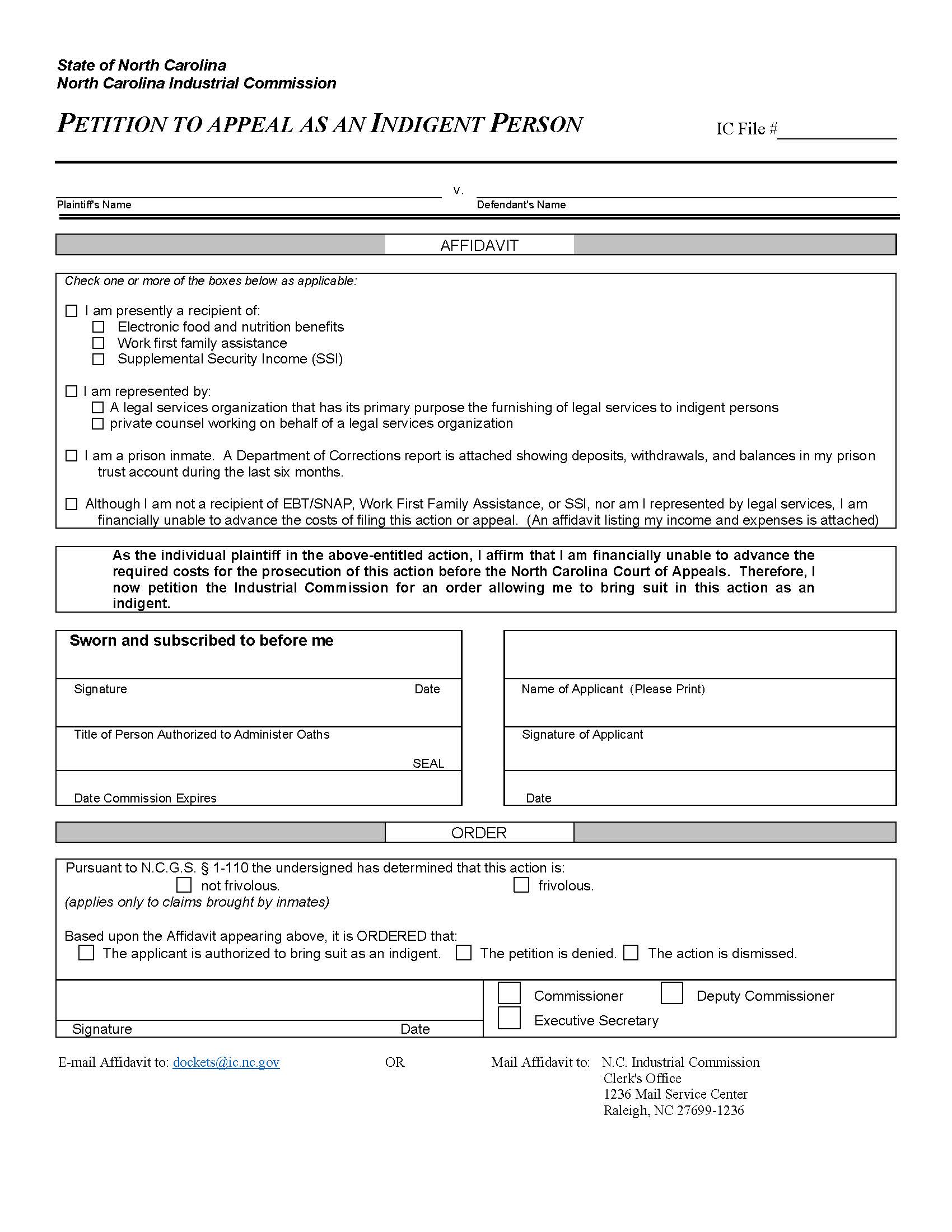 Petition To Appeal As An Indigent Person | Pdf Fpdf Doc Docx | North Carolina
