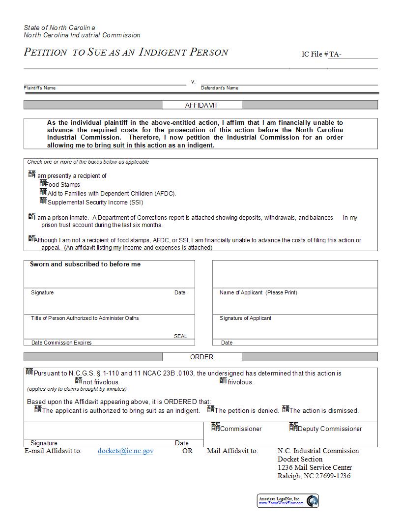 Petition To Sue As An Indigent Person | Pdf Fpdf Docx | North Carolina