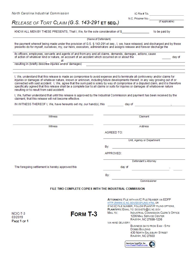 Release Of Tort Claim {T-3} | Pdf Fpdf Docx | North Carolina