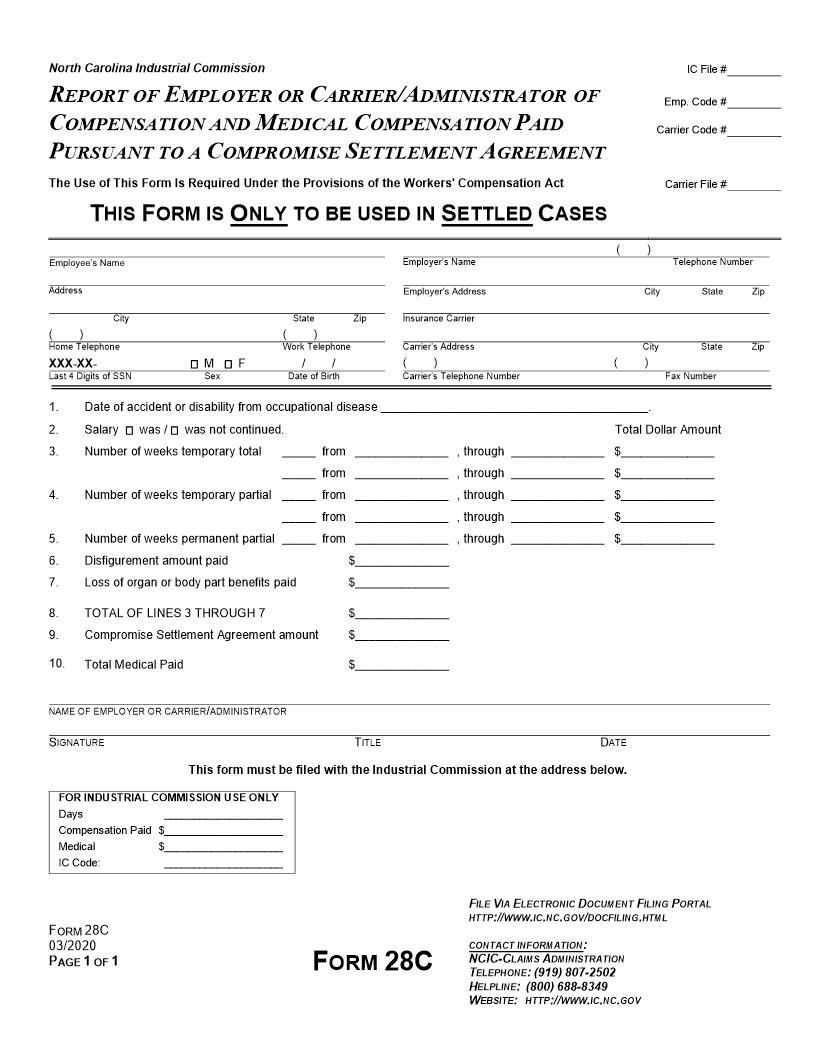 Report Of Employer Or Carrier Administrator Of Compensation And Medical Compensation {28C} | Pdf Fpdf Doc Docx | North Carolina