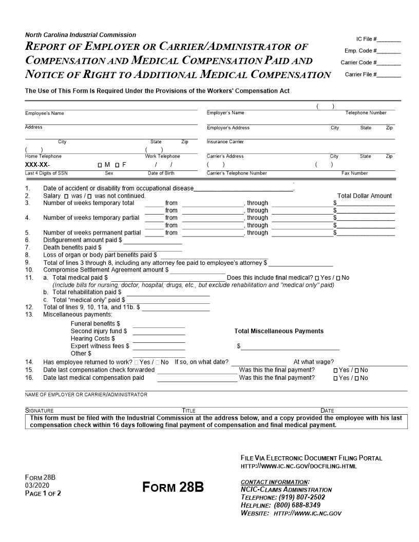 Report Of Employer Or Carrier Administrator Of Compensation And Medical Compensation Paid {28B} | Pdf Fpdf Doc Docx | North Carolina