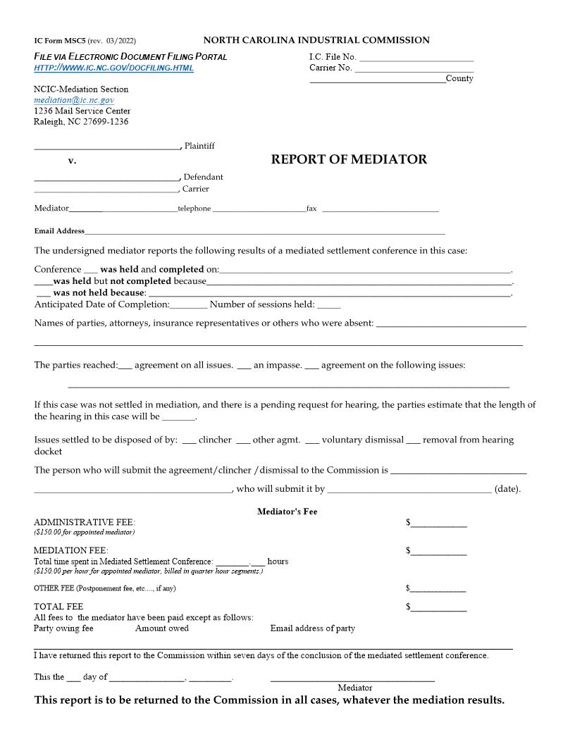 Report Of Mediator {MSC5} | Pdf Fpdf Docx | North Carolina