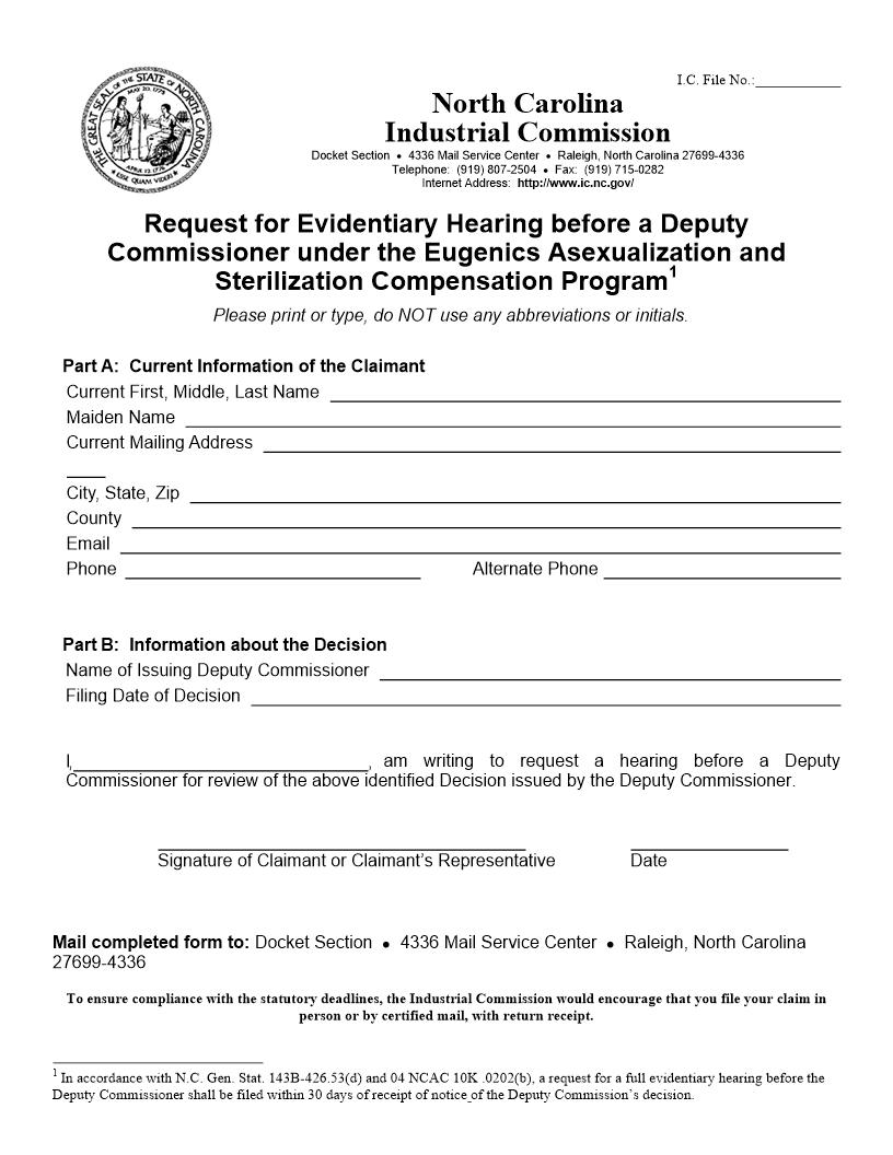 Request For Hearing Before Deputy Commissioner Eugenics Asesxualization And Sterilization Program | Pdf Fpdf Docx | North Carolina