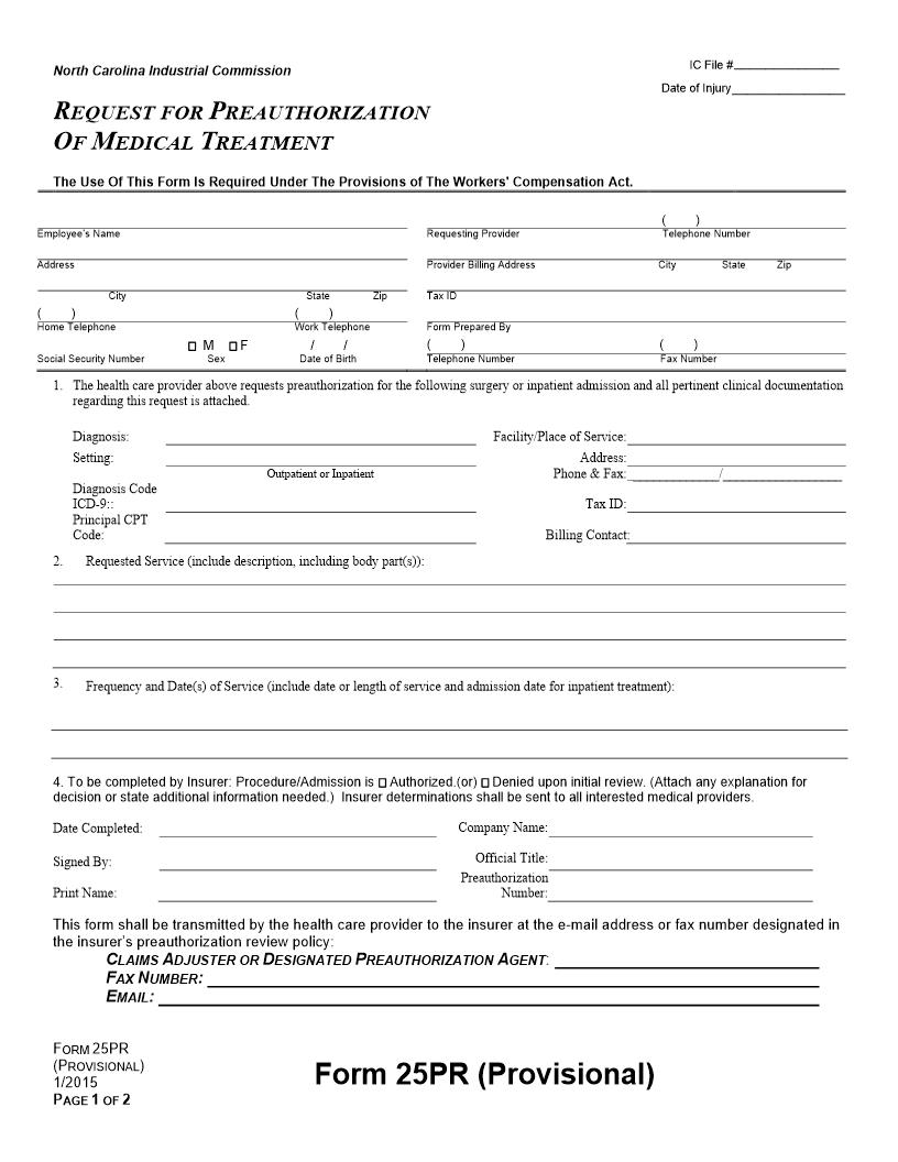 Request For Preauthorization Of Medical Treatment {25PR} | Pdf Fpdf Docx | North Carolina